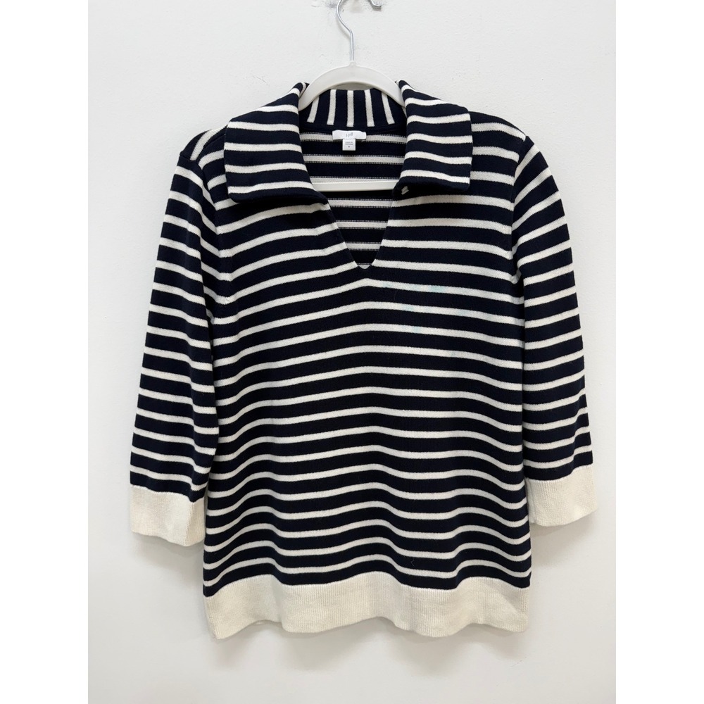 J. Jill Striped Sweater Medium Navy Blue White Split Neck 3/4 Sleeve Pullover